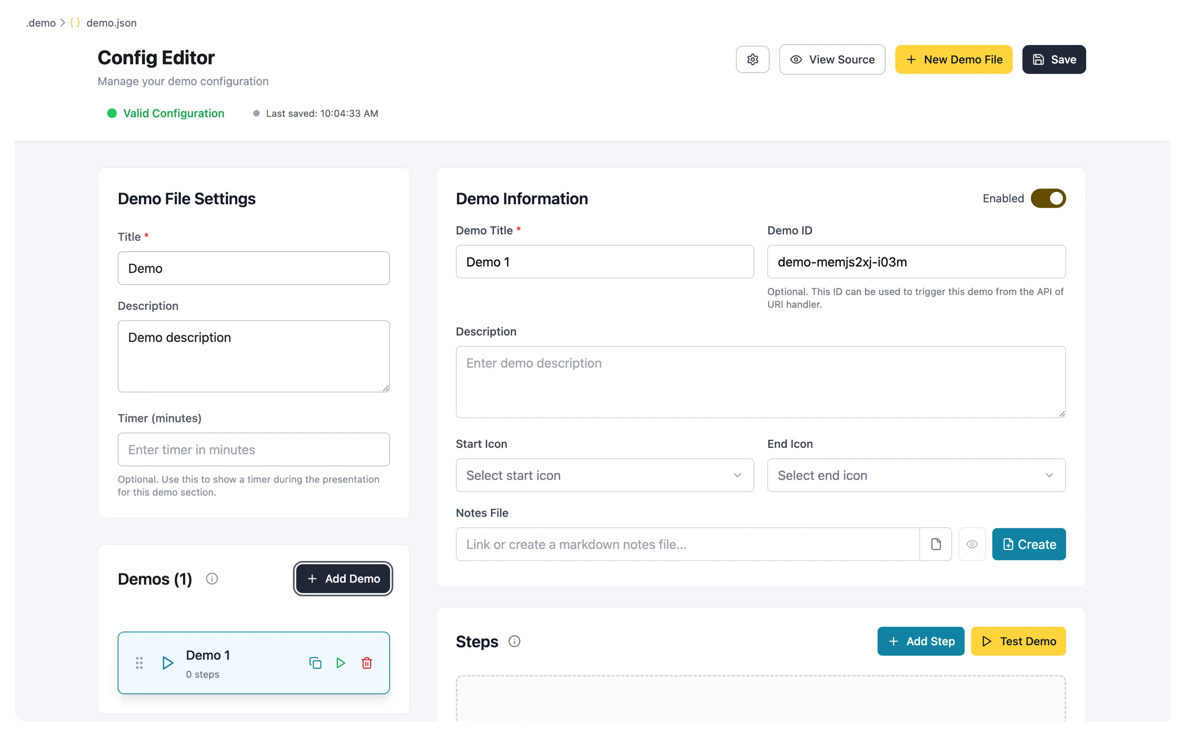 Adding your first demo within the Config Editor